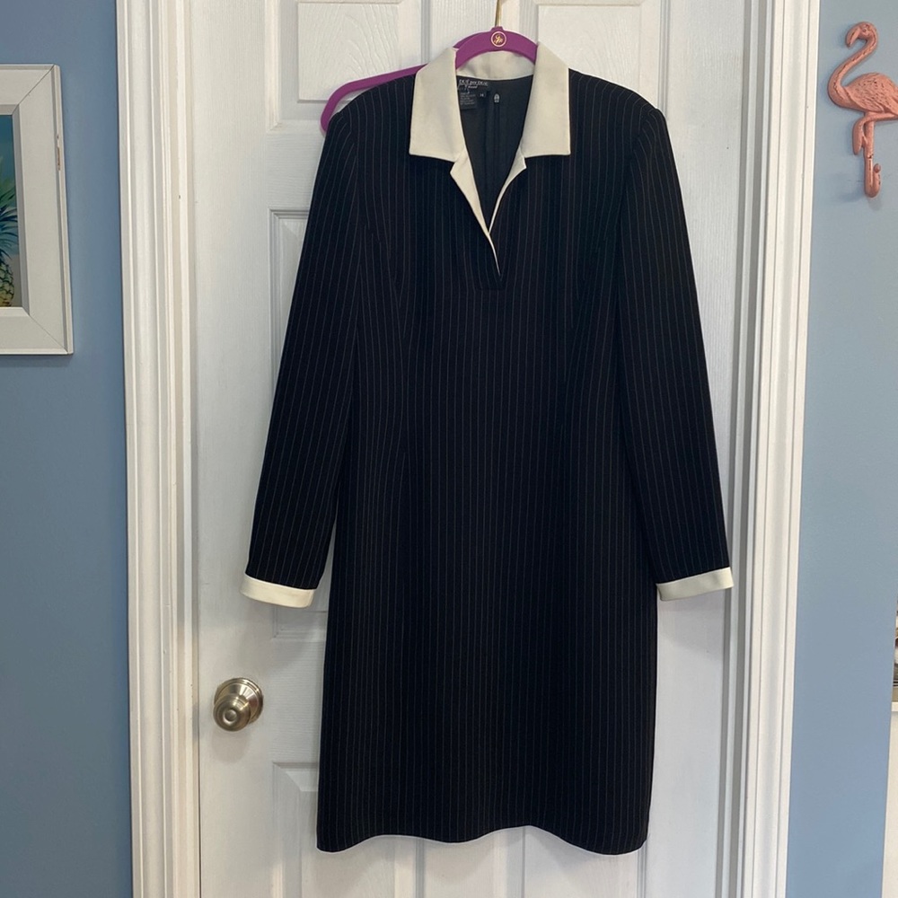 Black Pinstripe Long-Sleeve Dress with Cream Collar